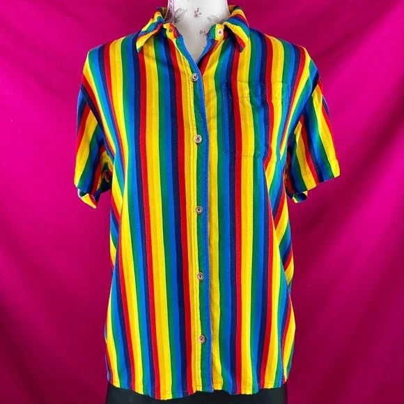 A.LAB Rainbow Striped Button Up Short Sleeve Shirt XS Gay Pride Colorful Kidcore - Picture 3 of 17